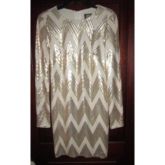 Vince Camuto Sz 4 Mini Dress Short Sequins Fitted Stretch Gold White Long Sleeve - Picture 1 of 3